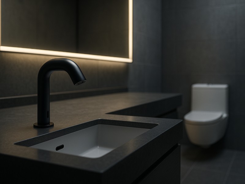 Diagram of accessible lavatory with faucet reach ranges and clearances